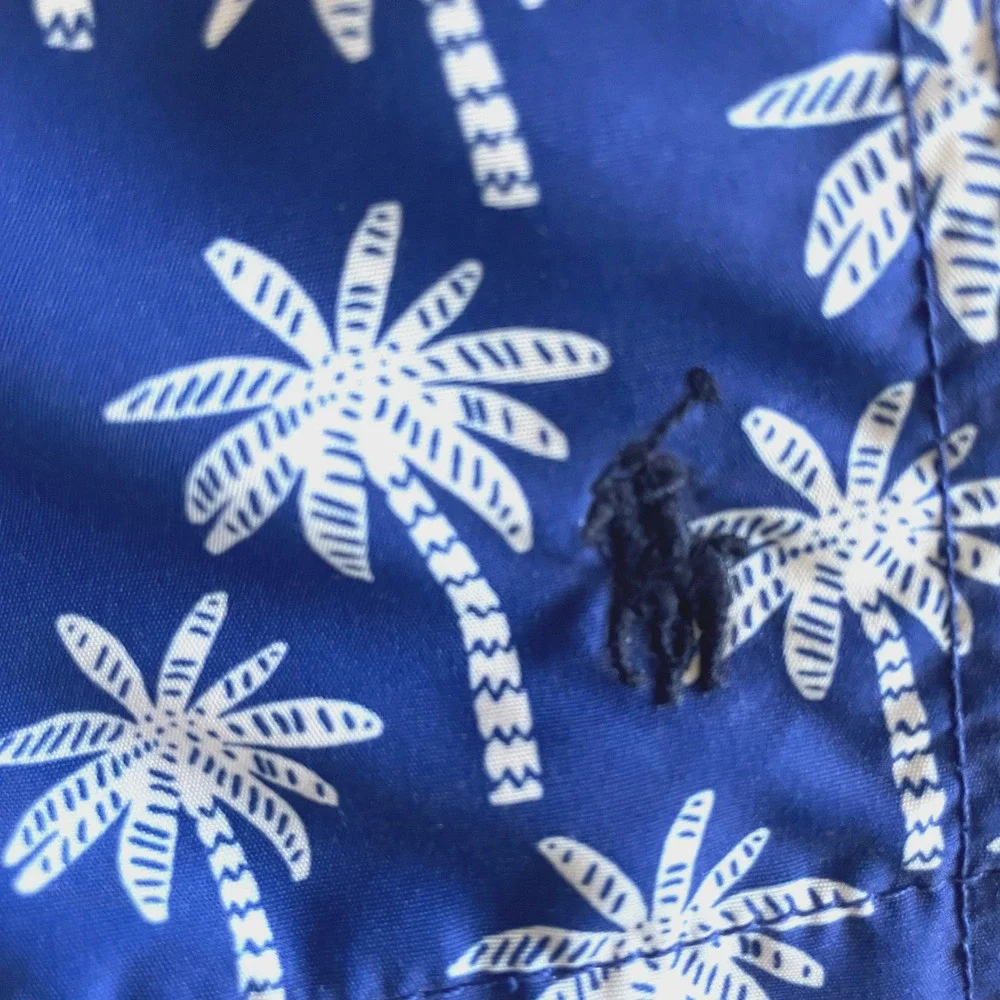 RALPH LAUREN Mens Size XS-S Blue Traveler POLO Bear Palm Trees Swim Trunks